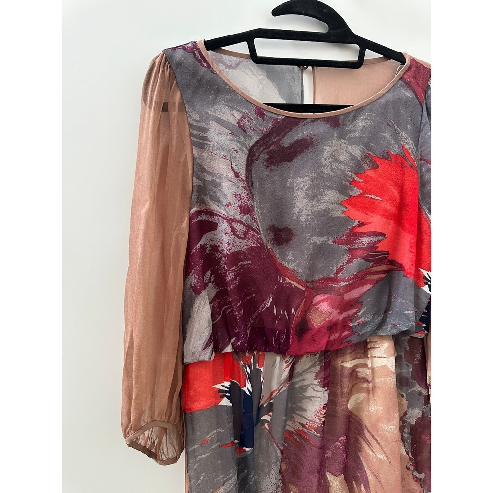 Tibi New York Silk Dress Size 8 Abstract Art Sheer Sleeve Lined Boho Blouson - Picture 3 of 16